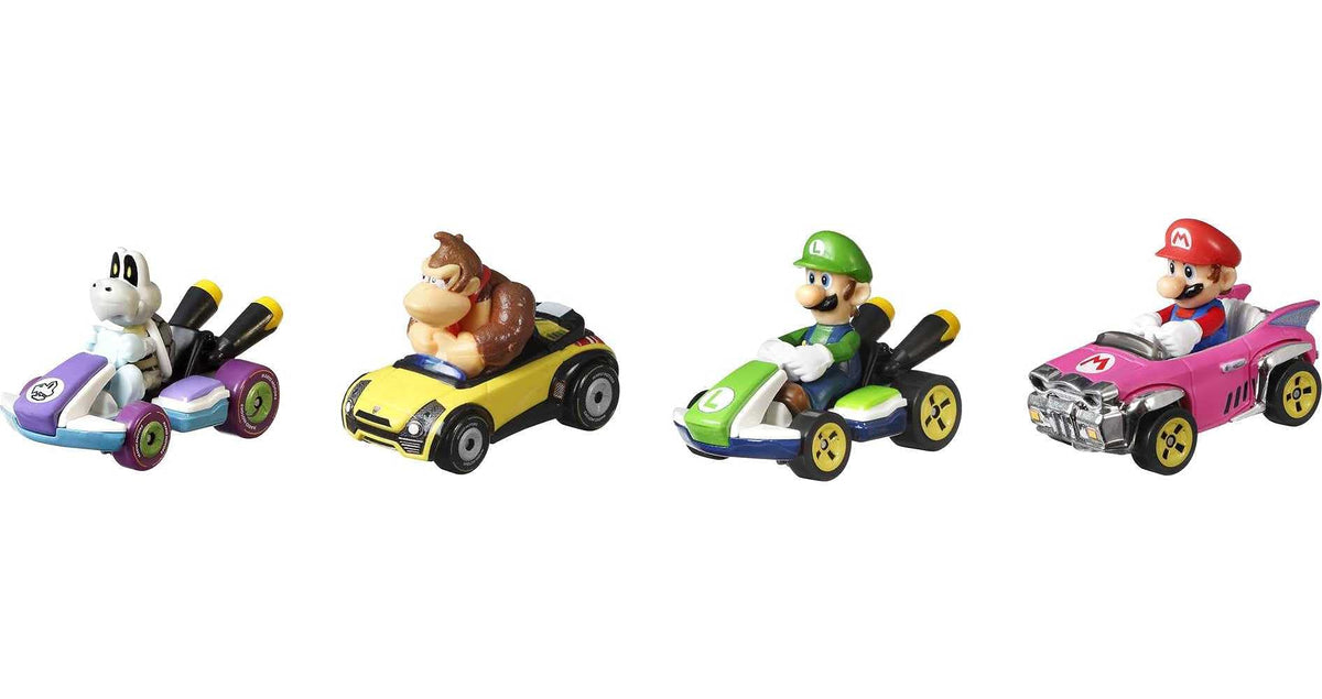 Fan-favorite Mario Kart characters on 4-pack karts for recognizable racing.