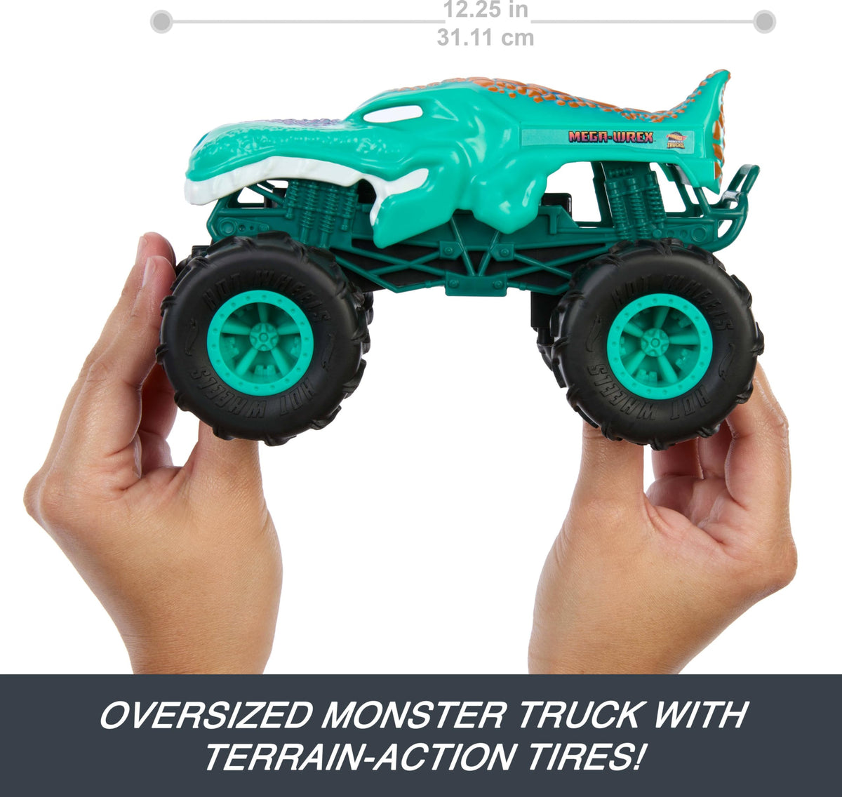 Hot Wheels Mega-Wrex shows all-terrain tires for multiple surfaces.