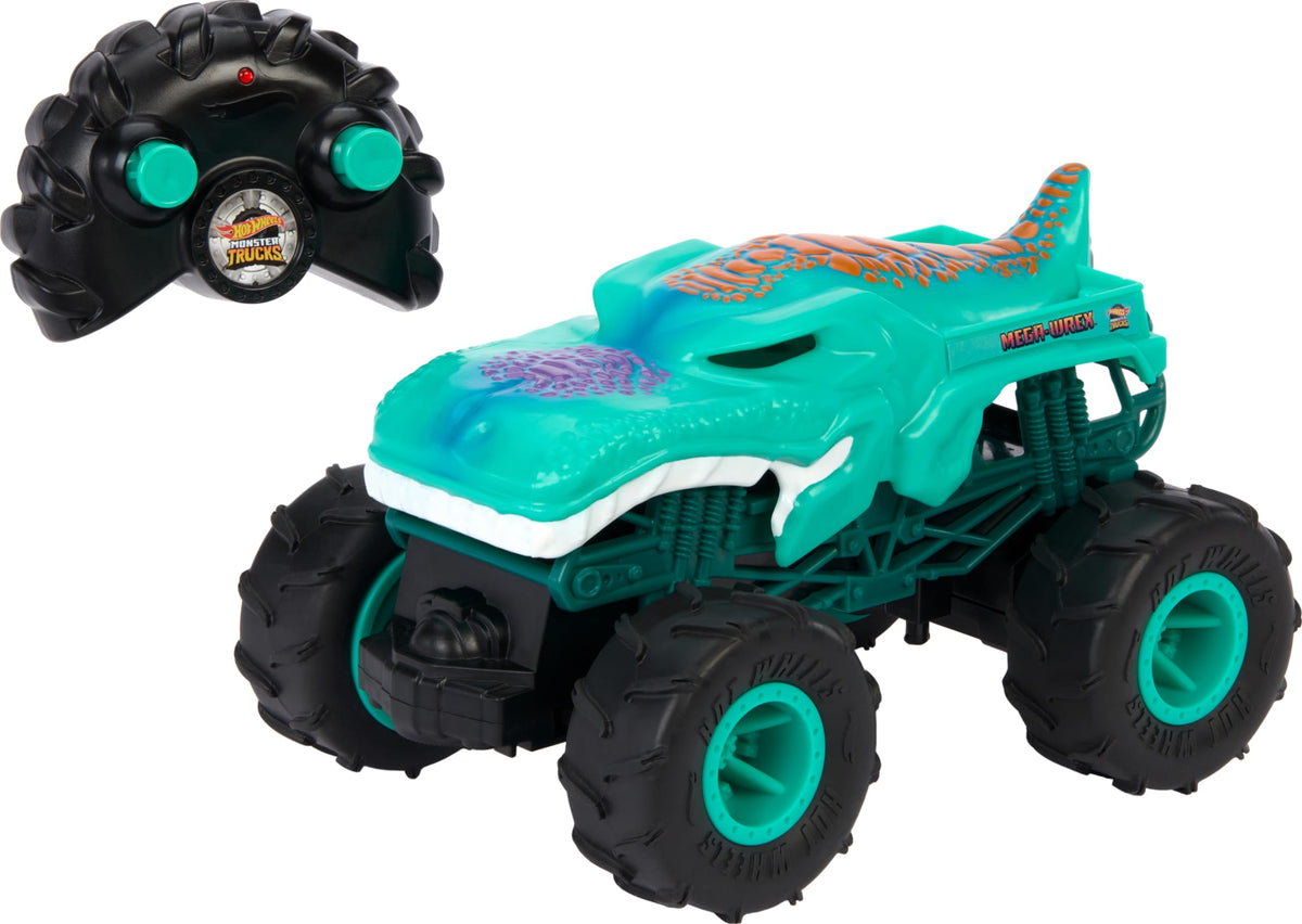 Hot Wheels Mega-Wrex RC truck on terrain tires for versatile play indoors and outdoors.