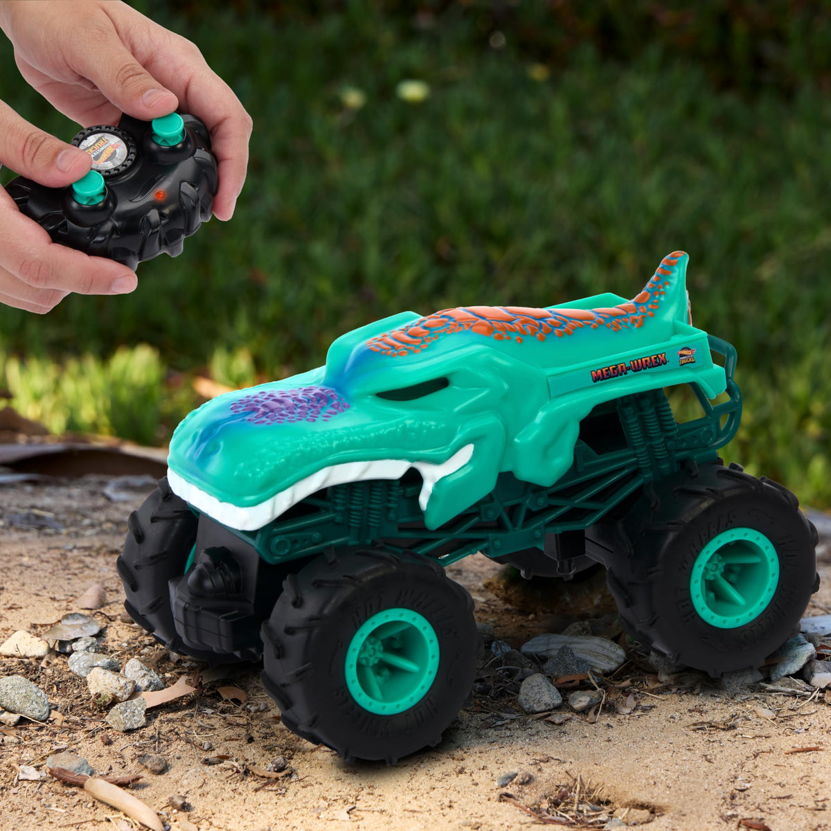 Hot Wheels Mega-Wrex displays wheelie stunt action with rear-wheel lift.