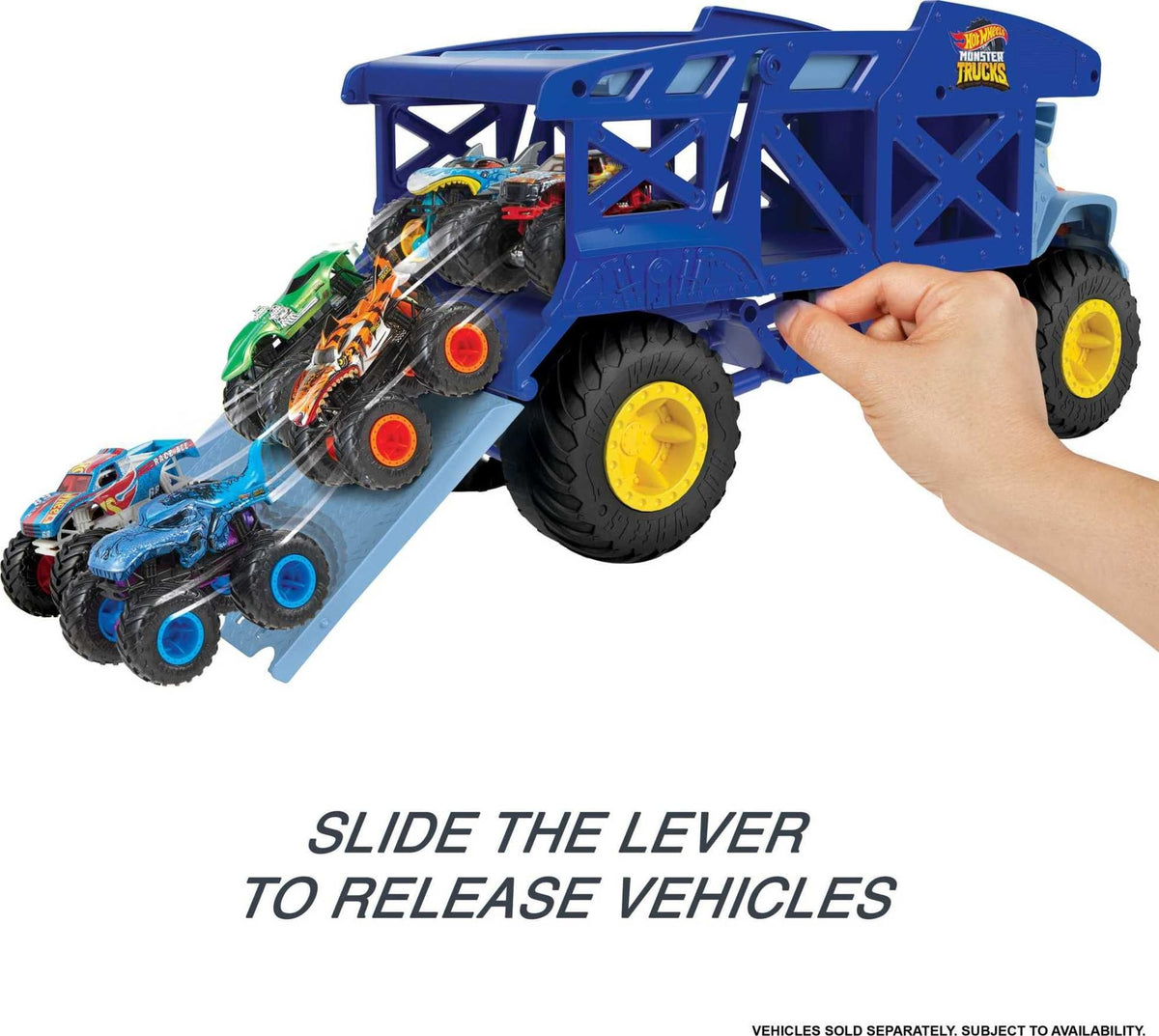 Lever on Hot Wheels Monster Mover launches cars from the first level for action.