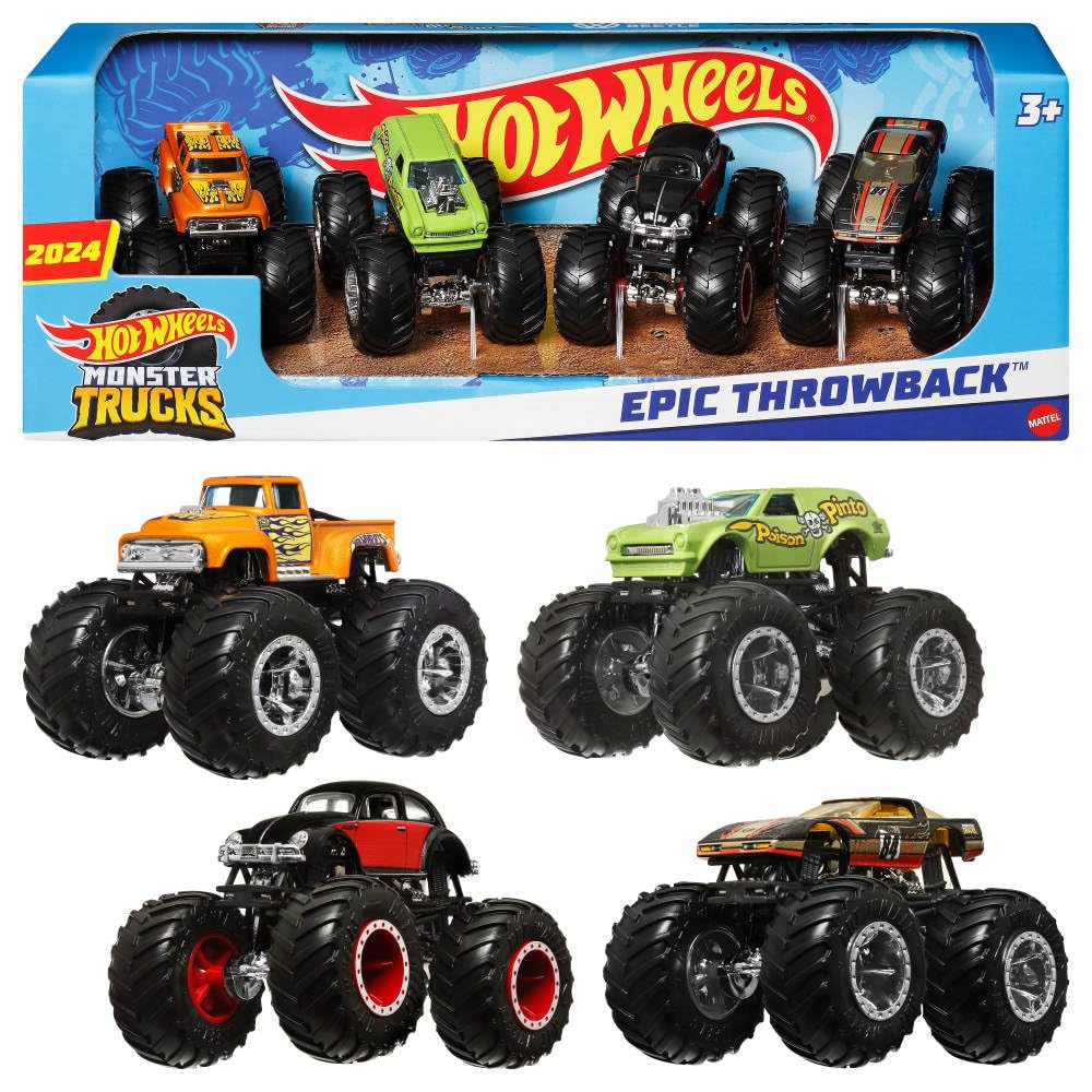 Hot Wheels Monster Trucks 4-Pack box displays four bold trucks with giant wheels.