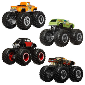Hot Wheels Monster Trucks 4-Pack stat card highlights strengths for pretend battles.