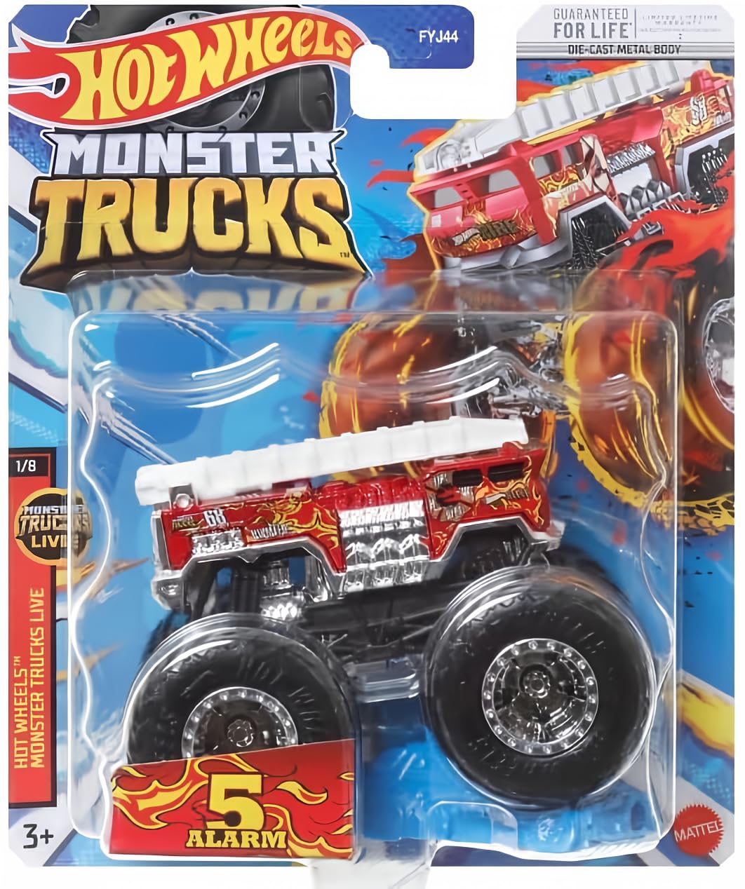 Hot Wheels Monster Trucks 5 Alarm Fire Truck in red, 1:64 scale diecast for display or play.