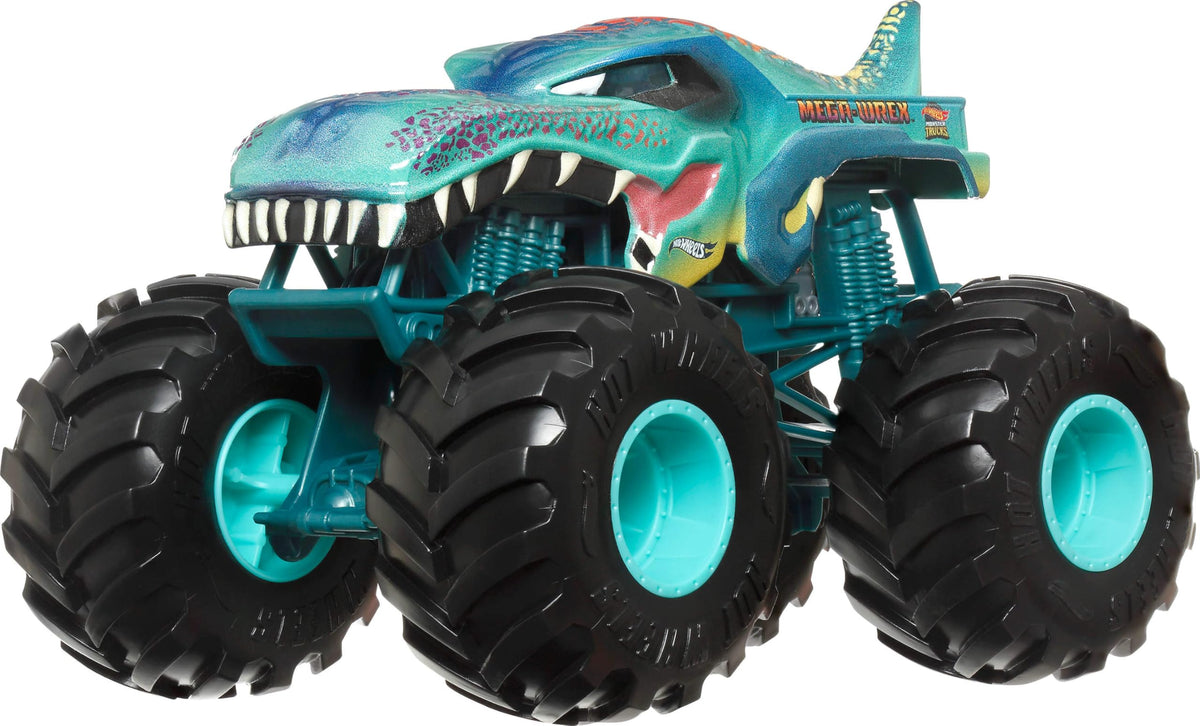 Hot Wheels Monster Trucks oversized 1:24 scale with giant wheels for epic crash play.