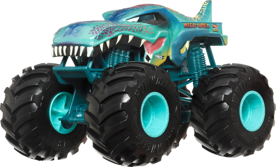 Hot Wheels Monster Trucks oversized 1:24 scale with giant wheels for epic crash play.