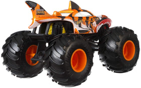 Hot Wheels Monster Trucks Tiger Shark, side angle, oversized body supports dramatic crashes.