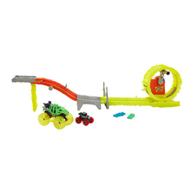 Hot Wheels Monster Trucks track set features Skelesaurus and Bone Shaker in a thrilling chase.