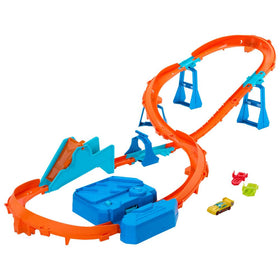Hot Wheels motorized booster on track powers dynamic action and smooth acceleration.