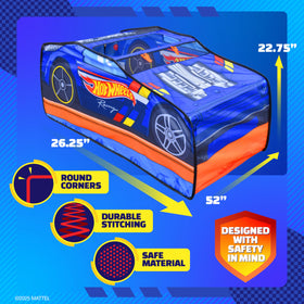 Hot Wheels Pop Up Play Tent roof opening provides dramatic lookout for racers