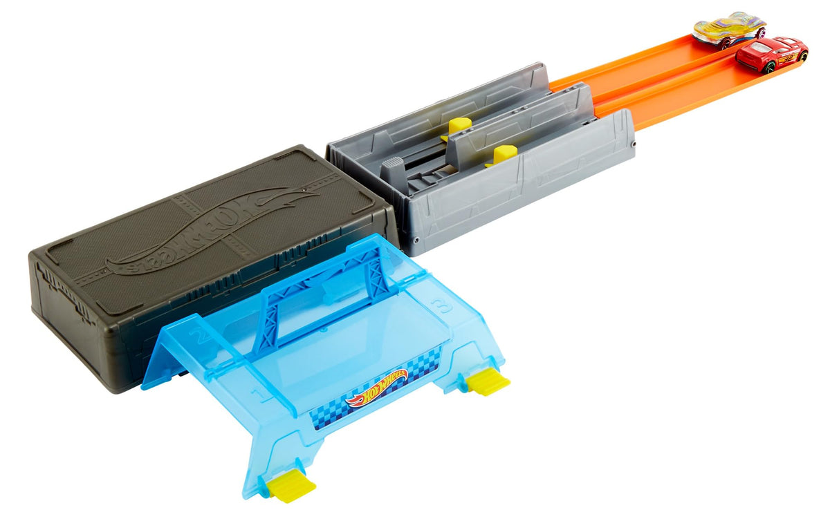 Hot Wheels Race Case dual launchers side-by-side enable quick, competitive play.