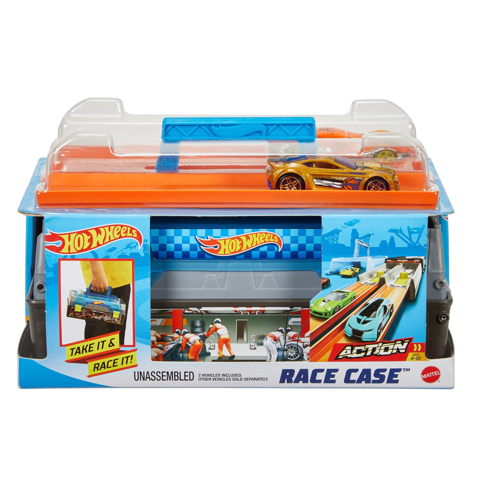 Hot Wheels Race Case open lid shows built-in storage for on-the-go play.