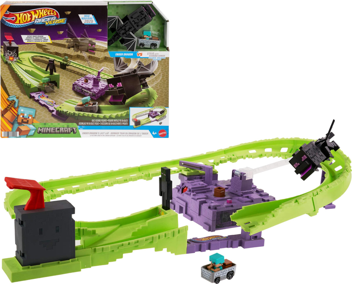 Hot Wheels RacerVerse Minecraft Track Set on play surface for immersive racing