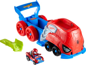 Hot Wheels RacerVerse Spider-Man launcher front view for dynamic play and storytelling action.