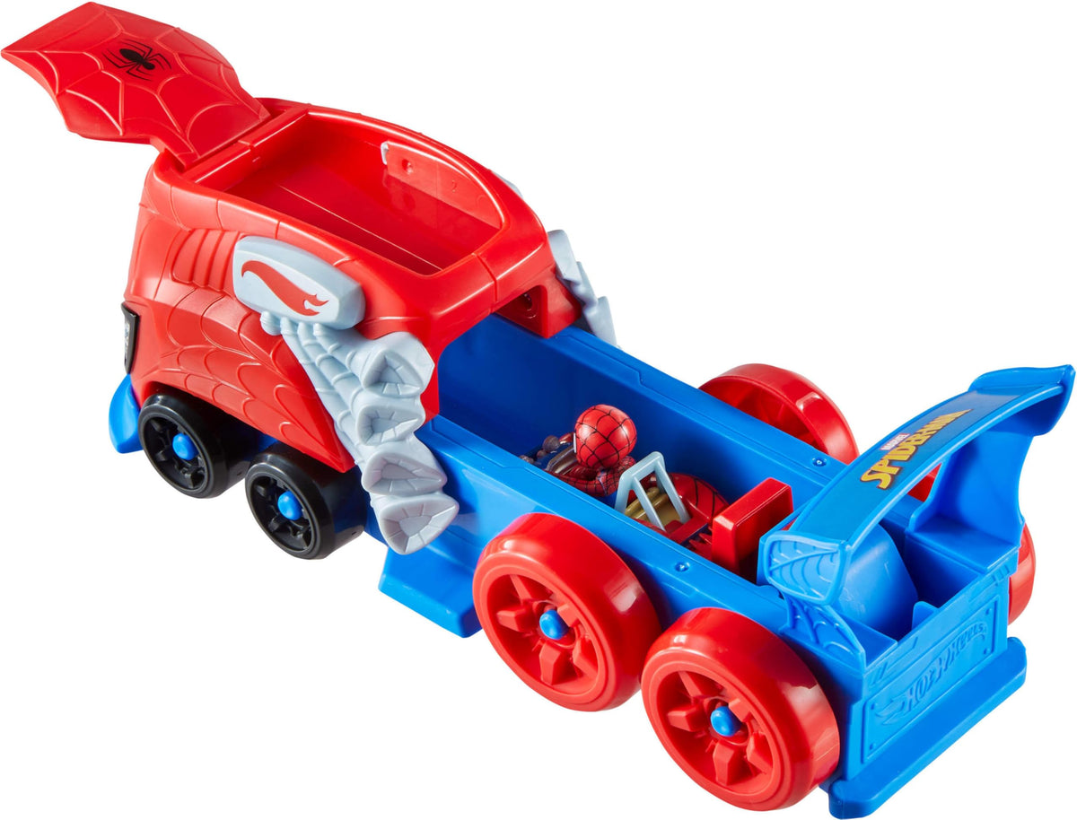 Hot Wheels RacerVerse Spider-Man launcher releasing racer into high-speed action.