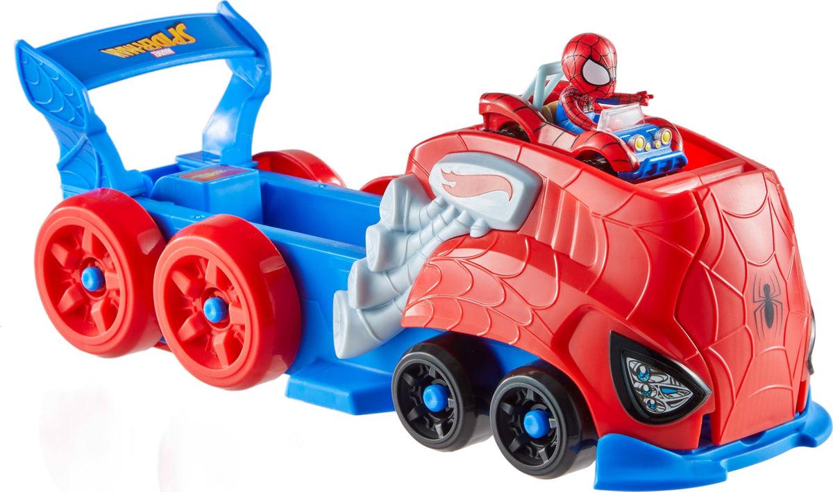 Hot Wheels RacerVerse Spider-Man launcher side view showing die-cast racer storage.