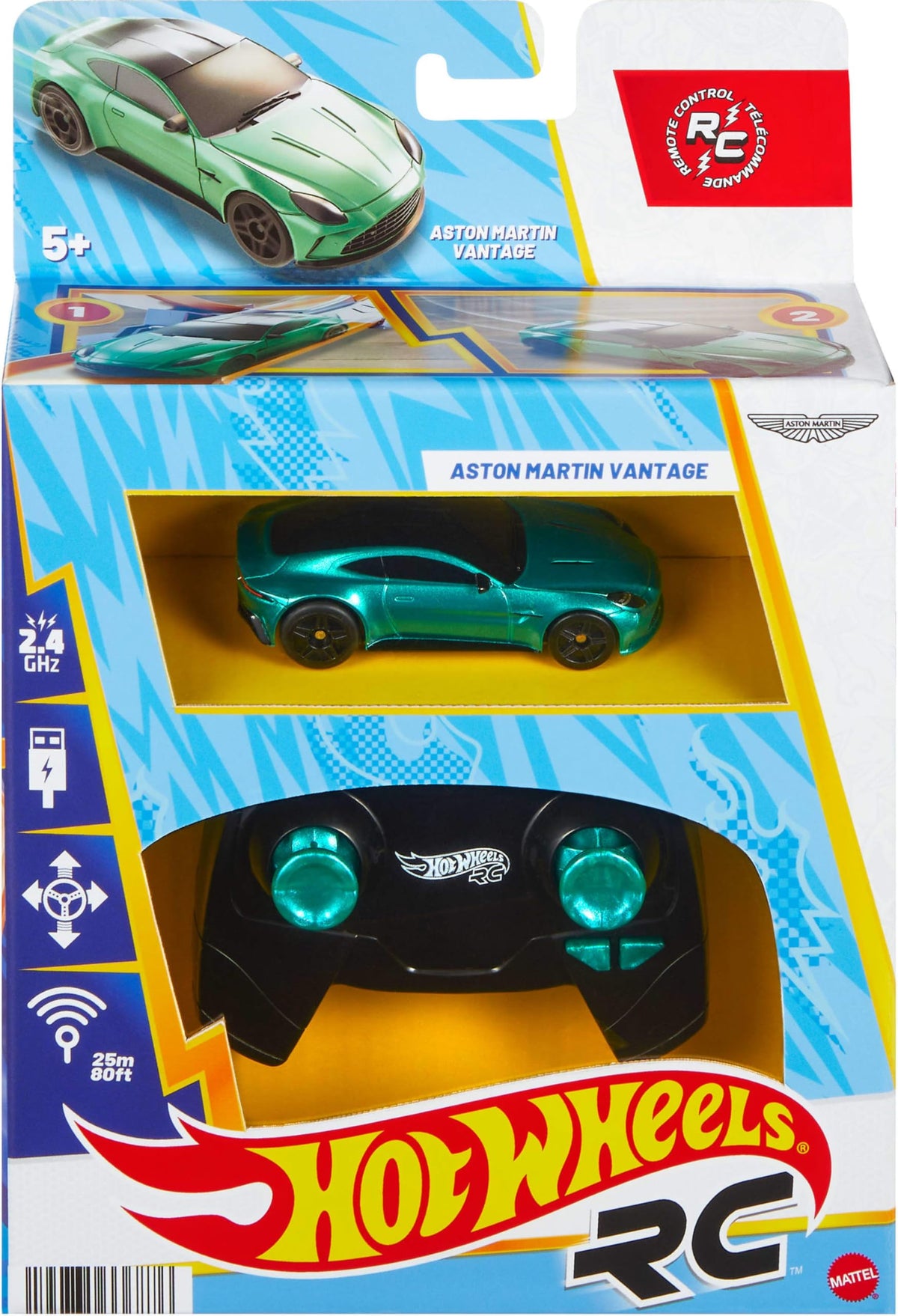 Hot Wheels Aston Martin Vantage RC green body close-up, vibrant finish.