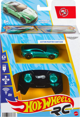Hot Wheels Aston Martin Vantage RC green body close-up, vibrant finish.