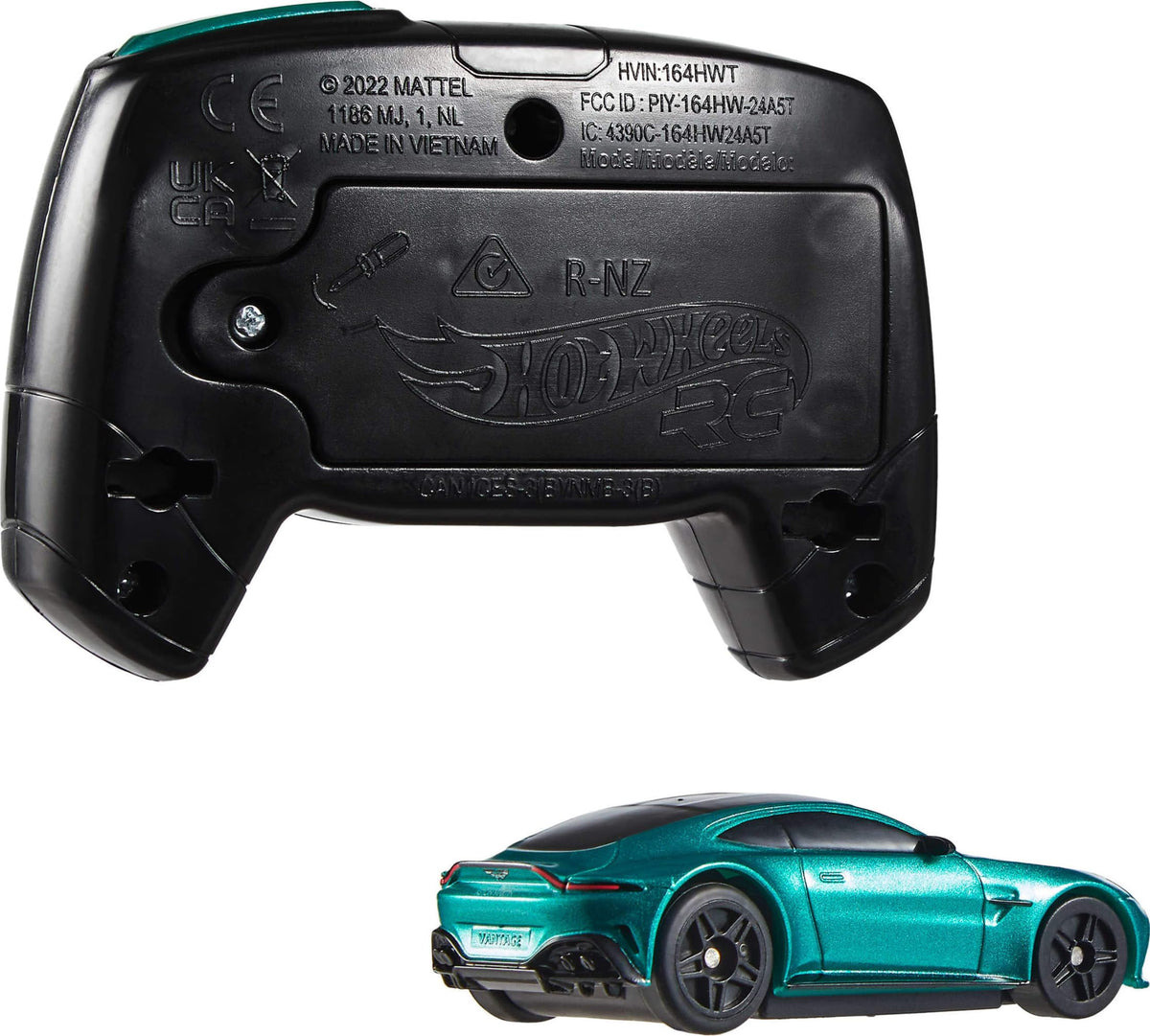 Hot Wheels Aston Martin Vantage RC remote in hand, easy steering.