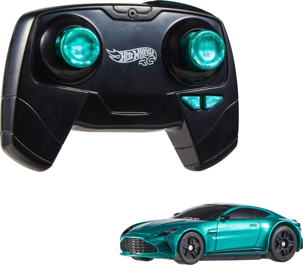 Hot Wheels Aston Martin Vantage RC, side view with authentic detailing and green livery.