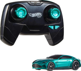 Hot Wheels Aston Martin Vantage RC, side view with authentic detailing and green livery.
