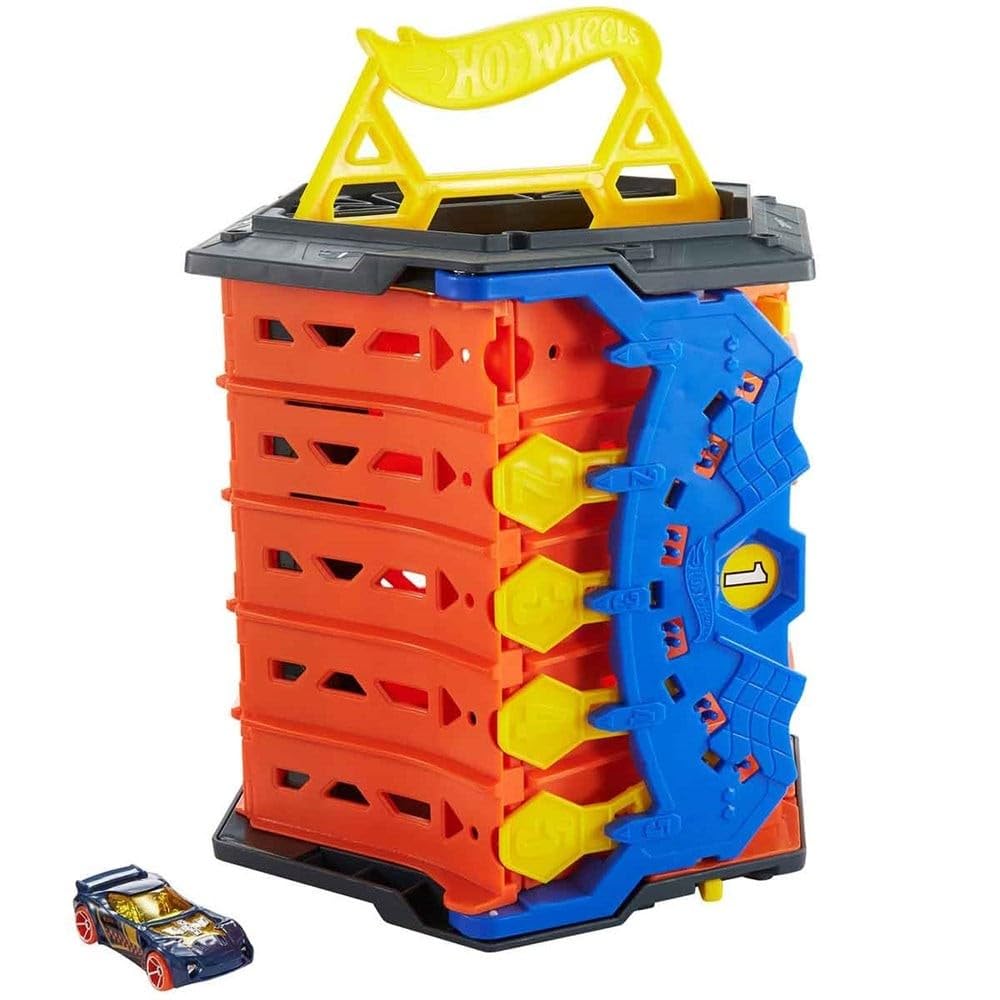 Hot Wheels Roll Out Raceway collapsed into a bucket for easy storage and transport.
