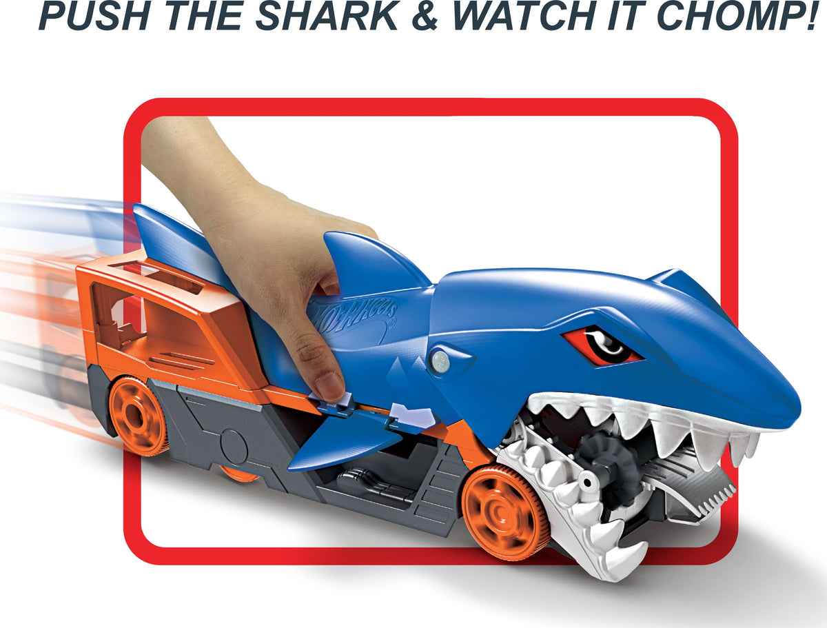 Hot Wheels Shark Chomp Transport belly storage demonstrates car-holding capacity.