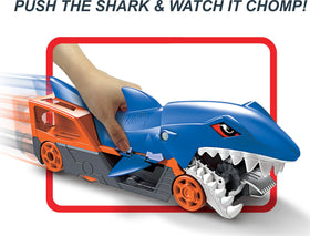 Hot Wheels Shark Chomp Transport belly storage demonstrates car-holding capacity.