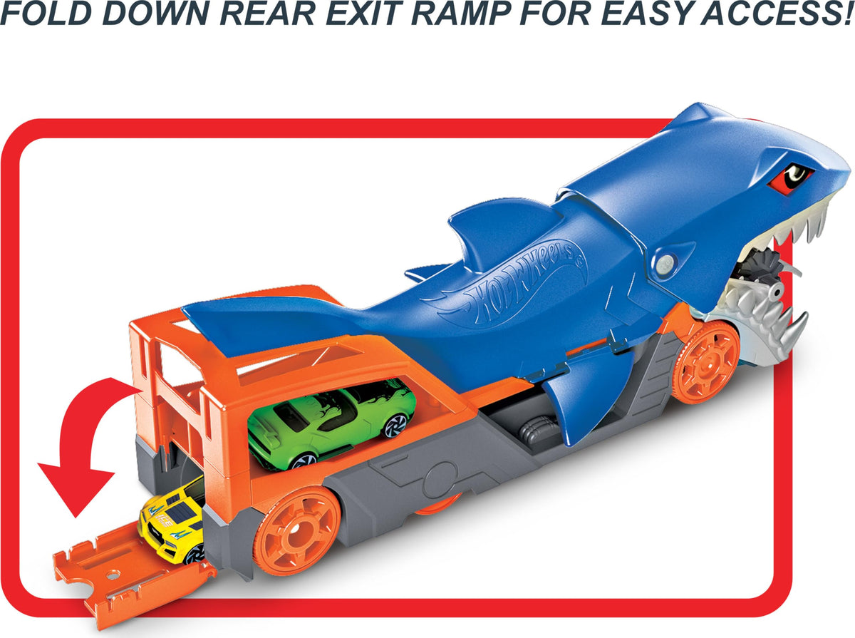 Hot Wheels Shark Chomp Transport back exit ramp for easy car release.