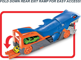 Hot Wheels Shark Chomp Transport back exit ramp for easy car release.