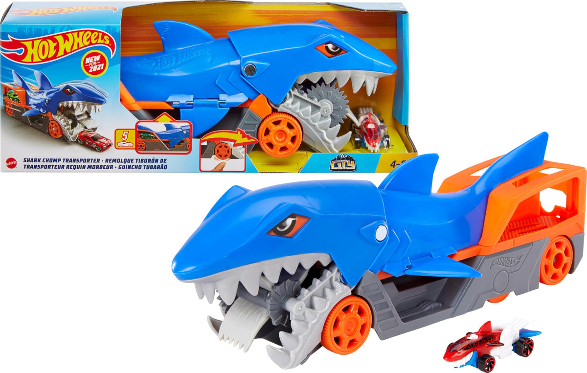 Hot Wheels Shark Chomp Transport main body shown for dynamic play and storage.