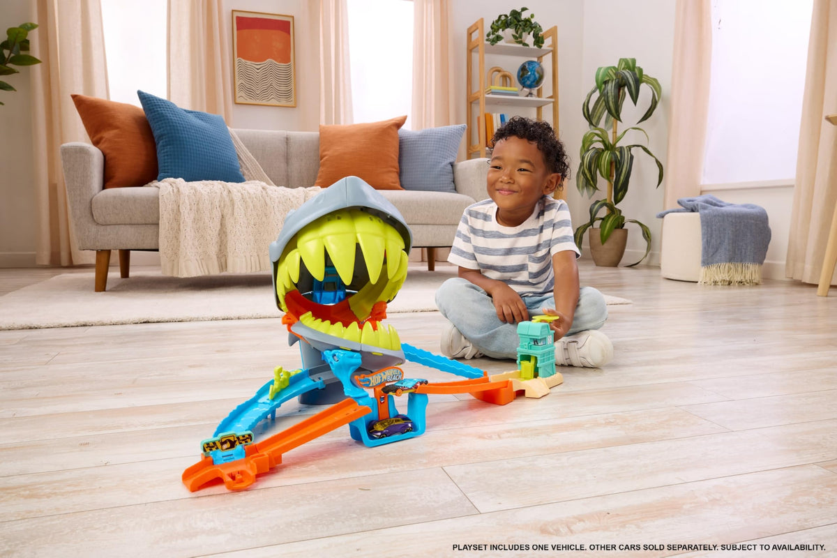 Hot Wheels shark nemesis close-up adds dramatic racing challenge.