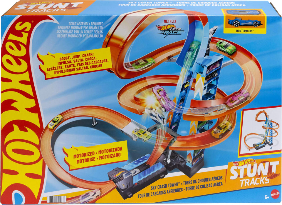 Hot Wheels Sky Crash Tower, 83 cm tall, boosts cars for dramatic launches.