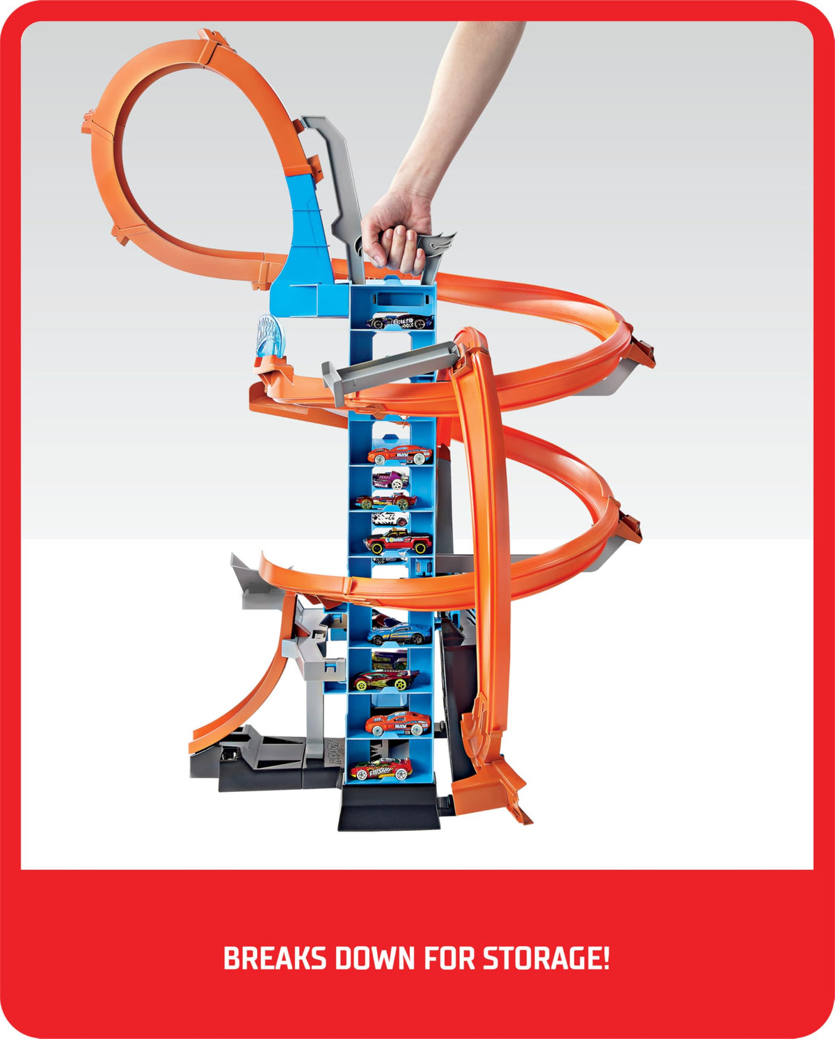 Hot Wheels Sky Crash Tower motorized booster powers high-speed jumps.