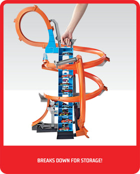 Hot Wheels Sky Crash Tower motorized booster powers high-speed jumps.