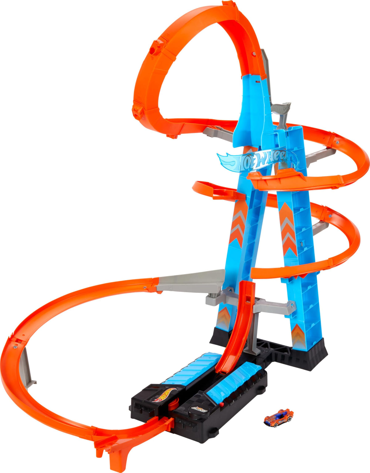 Hot Wheels Sky Crash Tower enables multi-car racing for epic crashes.