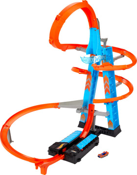 Hot Wheels Sky Crash Tower enables multi-car racing for epic crashes.