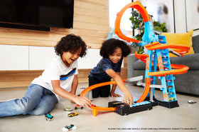 Hot Wheels Sky Crash Tower orange track loop for dramatic stunts.