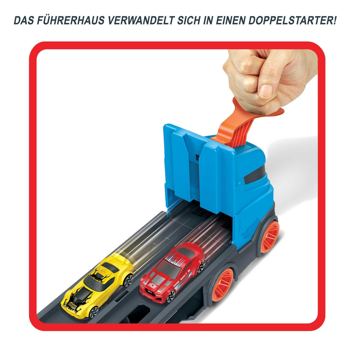 Hot Wheels Speedway Hauler includes a three-car starter lineup.