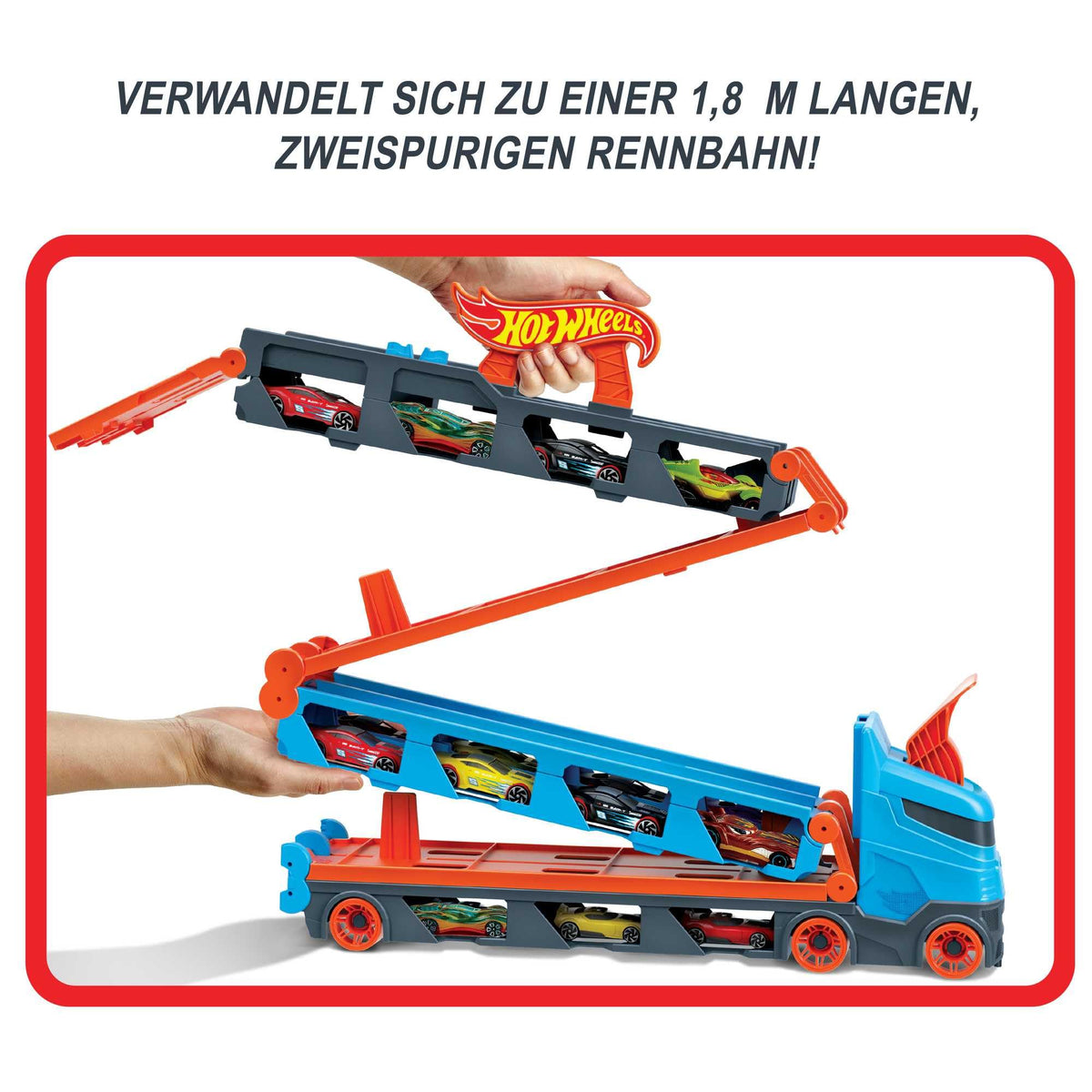 Hot Wheels Speedway Hauler offers integrated storage compartments for 22 vehicles.