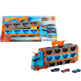 Hot Wheels Speedway Hauler trailer displays cars for quick viewing and easy access.