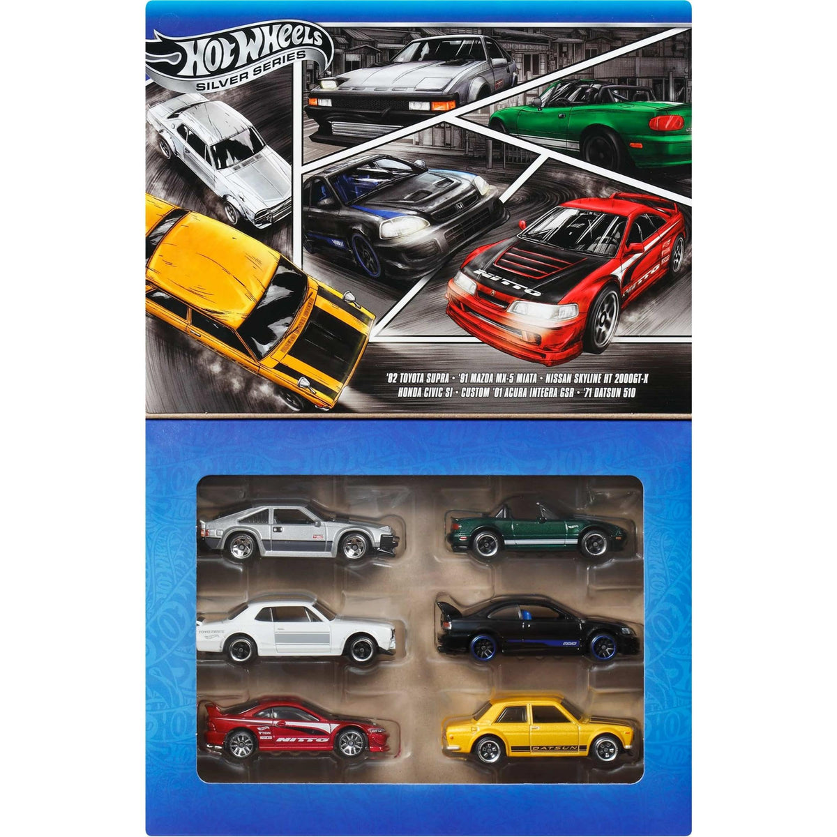 Hot Wheels Streets of Japan 1:64 front view highlights vibrant metal finish for display.
