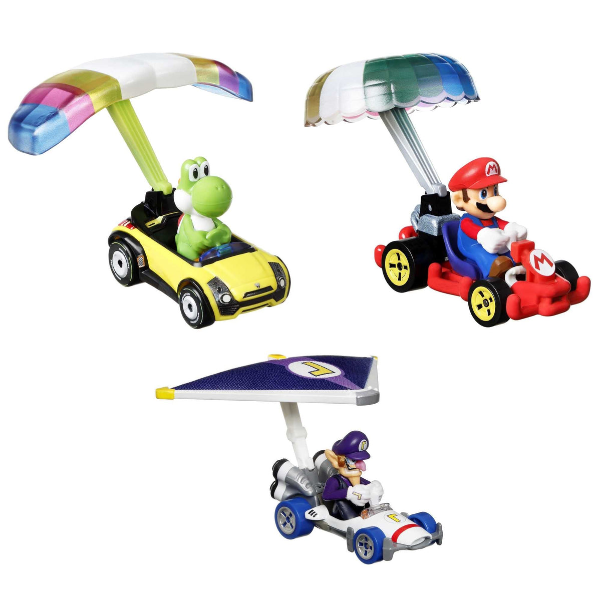 Hot Wheels Super Mario character car 3-pack for quick races and display.
