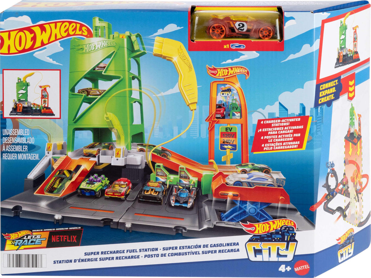 Hot Wheels Super Recharge set details highlight interactive features for kids