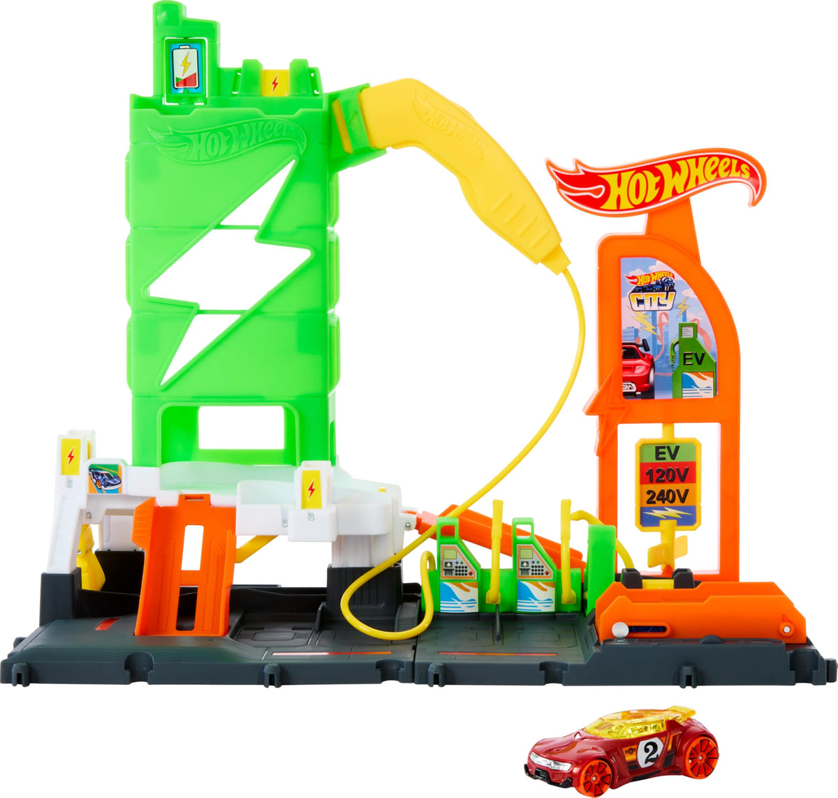 Hot Wheels Super Recharge Fuel Station front view for imaginative city play with charging hose