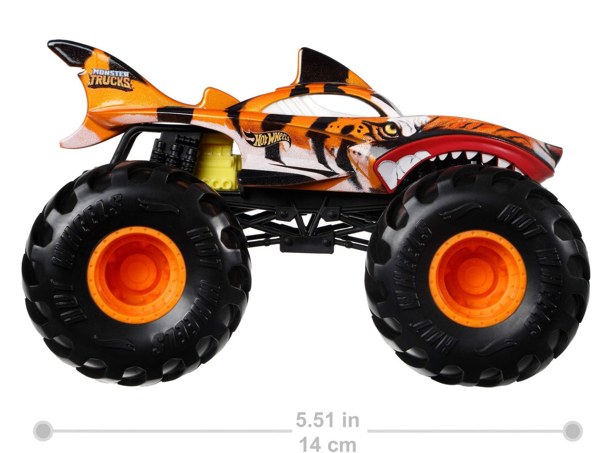 Hot Wheels Tiger Shark 1:24 scale, giant wheels ideal for rough-terrain play.