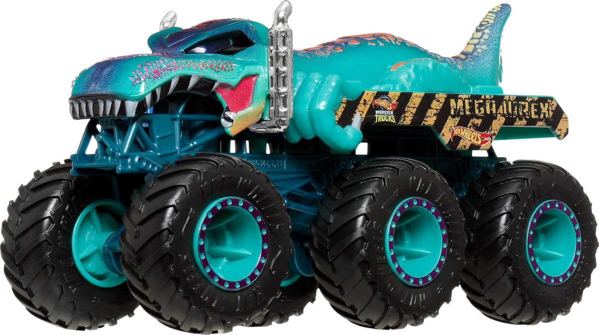 Hot Wheels Tiger Shark and Mega-Wrex 6-wheeler rigs in action