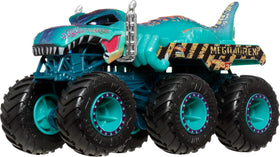 Hot Wheels Tiger Shark and Mega-Wrex 6-wheeler rigs in action