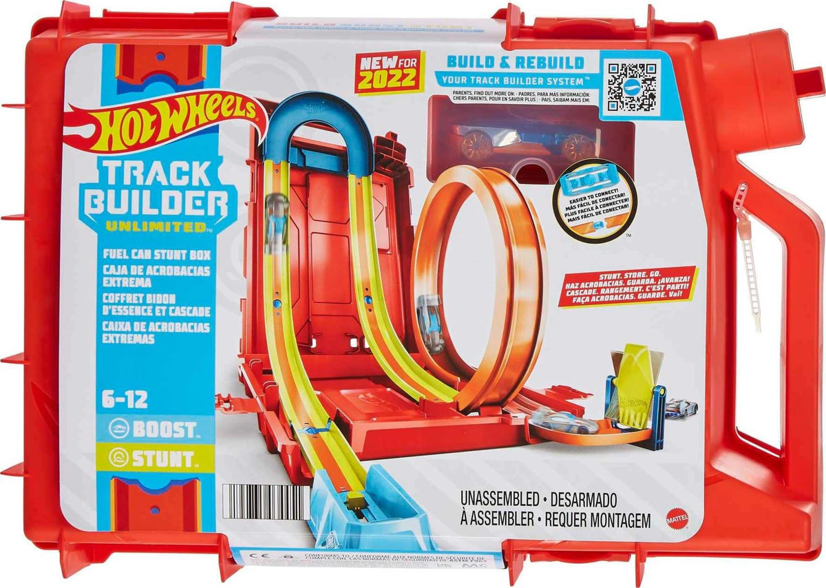 Hot Wheels Track Builder Unlimited Fuel Can Stunt Box opened, showing track pieces for quick setup