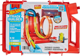 Hot Wheels Track Builder Unlimited Fuel Can Stunt Box opened, showing track pieces for quick setup